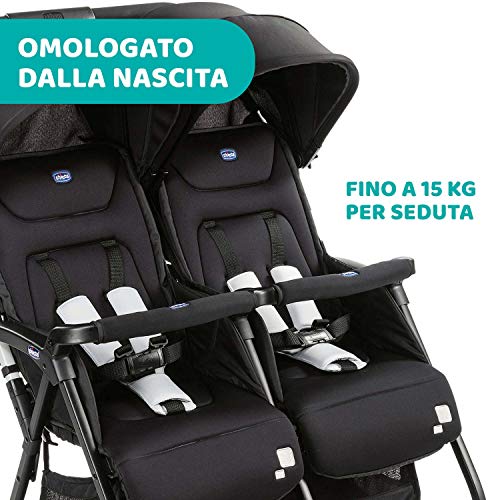 Chicco OHlalà Twin Passeggino Gemellare Doppio da 0 Mesi a 15 kg, Passeggino Leggero Reclinabile e Pieghevole, Chiusura Compatta, Poggiagambe Regolabili, Parapioggia e Capottina Estendibile, Nero : Prima infanzia