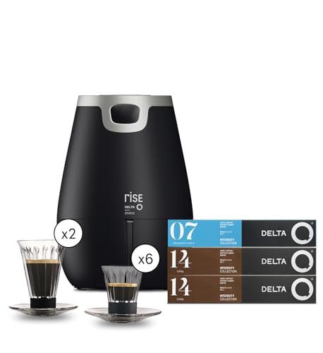 Delta Q   Macchina da caffè Rise   Nero   19 Bar a pressione   Sistema di estrazione inversa   2 tazze grandi e 4 piccole compatibili   20 capsule Intensità 14 e 10 capsule decaffeinato : Casa e cucina