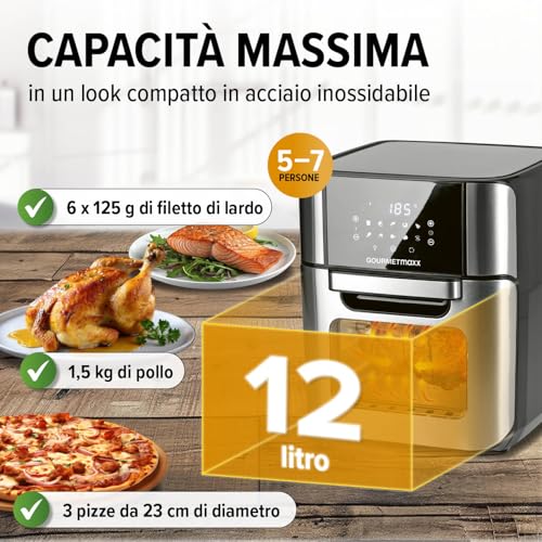 GOURMETmaxx Friggitrice digitale ad aria calda 12 L, forno XXL in acciaio inox | Timer, display touch, spiedo rotante | Frittura a basso contenuto di grassi e a risparmio energetico | 1800 W : Amazon.it: Casa e cucina