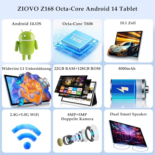 ZIOVO Tablet Android 14 Tablet 10 Pollici, 22GB RAM 128GB ROM (TF 1TB), 5G WiFi Tablet, Widevine L1/Octa Core/8000mAh/Corpo Metallico/8 5MP/Supporto Netflix, 2 in 1 Tablet con Tastiera e Mouse  Blu : Informatica