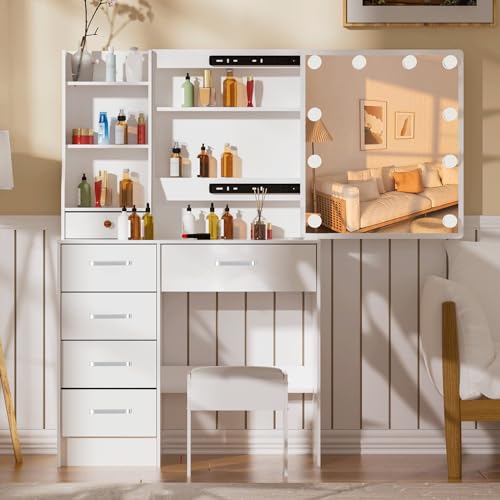 Teousev Toilette Trucco con Sgabello e Specchio, Toeletta Trucco con Luci, Postazione Trucco con 6 Cassetti, 6 Ripiani Aperti, Tavolo Trucco per La Camera Da Letto, 80X36X131cm, Bianco, JR071 : Amazon.it: Casa e cucina