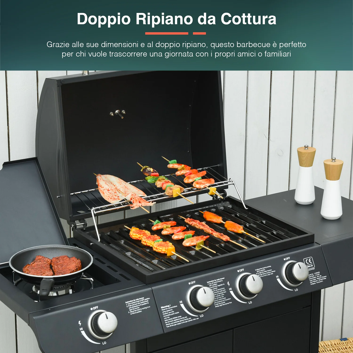 Barbecue A Gas 3 Fuochi E Fornello Laterale Con Ruote