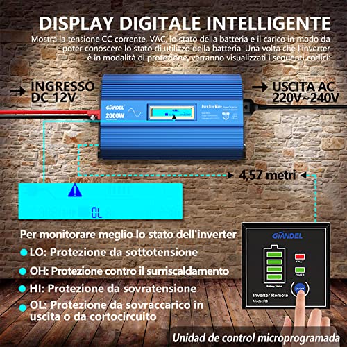 Giandel Power Inverter 2000W Onda Sinusoidale Pura Convertitore DC 12V a AC 220V 230V con telecomando & LCD Display e 2 presa AC e 2 Porte USB per auto,camion camper : Amazon.it: Elettronica