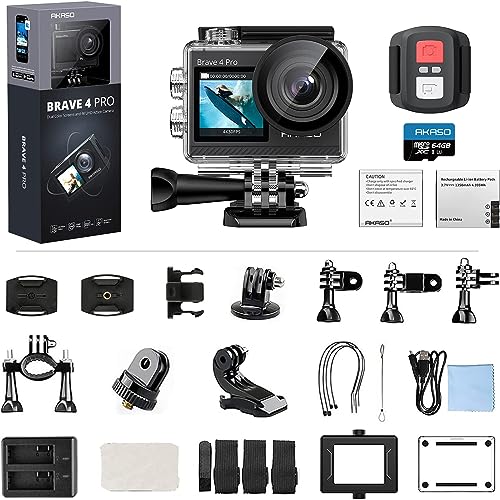 AKASO Brave 4 Pro Action Cam 4K 40M con Scheda di Memoria U3 da 64GB, Videocamera 20MP WiFi 170° Grandangolare Doppio Schermo EIS Stabilizzazione, Touch Screen, 5x Zoom : Elettronica