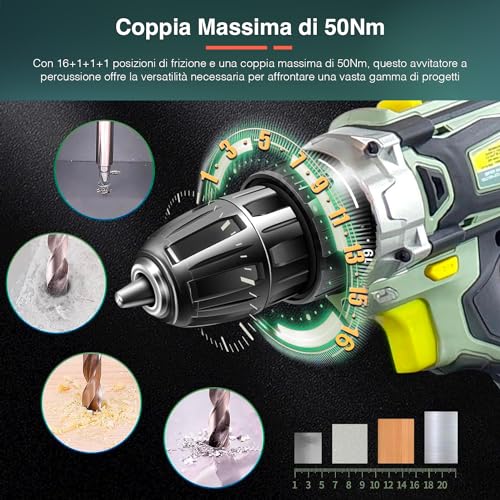 Set Trapano a Percussione con 13 Accessori inclusi e 2 Velocità   Batteria 2Ah, Mirino LED, 20V, Ideale per Fai Da Te e Lavori Professionali : Amazon.it: Fai da te