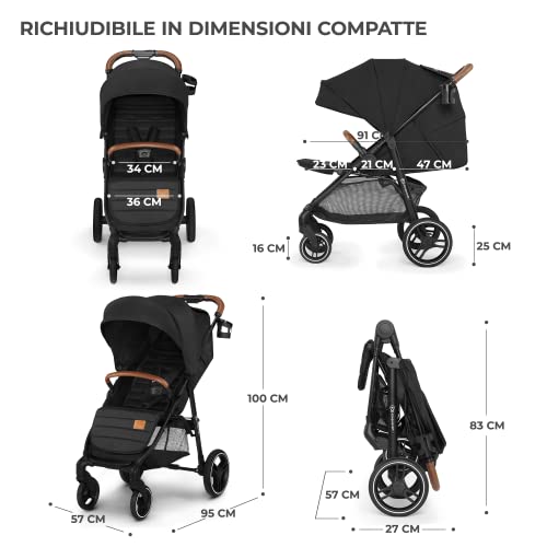 Kinderkraft GRANDE PLUS Passeggino Leggero dalla Nascita fino 22 kg, Pieghevole con una mano, Posizione Sdraiata, L'ammortizzazione su tutte le ruote, Cappottina XL, Nero : Amazon.it: Prima infanzia