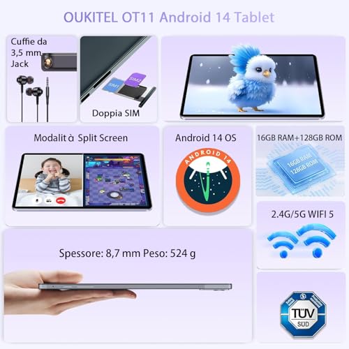 OUKITEL OT11 Tablet 11 Pollici, 16 GB RAM   128 GB ROM (1TB TF) Tablet Android 14, 2024 Nuovo Tablet in Offerta con Octa Core, 8000 mAh, 1920 × 1080 HD IPS, 5G WiFi, Widevine L1, TUV (Verde) : Informatica