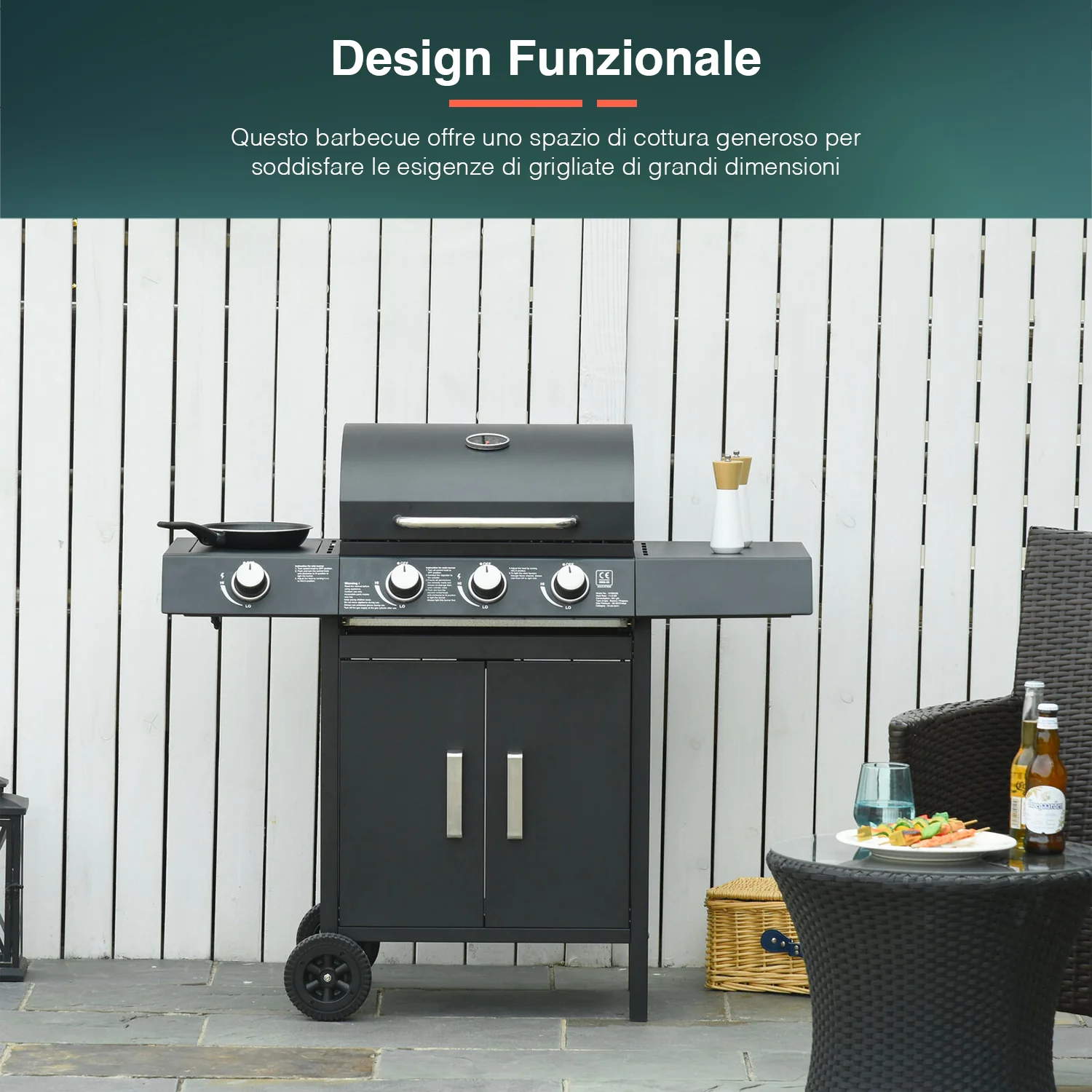 Barbecue A Gas 3 Fuochi E Fornello Laterale Con Ruote