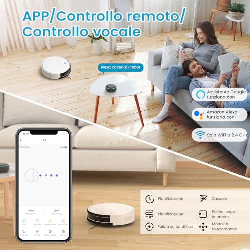 OKP K5B Robot Aspirapolvere e Mocio Ultra Sottile 7.7 cm, 2500Pa, Wi Fi/App/Alexa, Adatto per Salviette Monouso, Ideale per Peli di Animali, Tappeti, Pavimenti Duri, Automatic Recharge : Casa e cucina