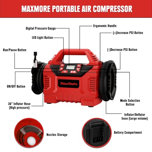 MaxMore   Compressore d'aria portatile senza fili per batteria Milwaukee da 18 V, 160 psi, ad alta pressione, con manometro digitale, spegnimento automatico, luce LED per palloni, pneumatici, : Amazon.it: Auto e Moto