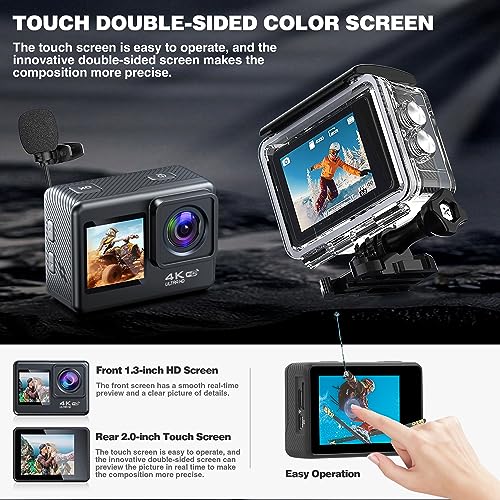 ACProPlus Action Camera 4K, videocamera sportiva WiFi con touch screen, doppio schermo, fotocamera subacquea impermeabile da 131 m, EIS 2.0, grandangolo 170°, zoom, 2 batterie e kit di accessori per : Elettronica