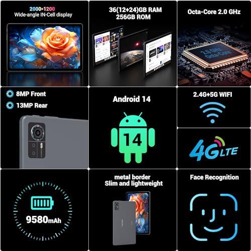 FASTWD 2024 Newest Tablet Android 14 tablet 11 Pollici con 4G LTE e 5G WiFi,36GB RAM 256GB ROM,9580mAh,2000 * 1200 incell FHD,Widevine L1,GPS/BT5/Tablet 2 in 1 con tastiera,Grigio : Informatica