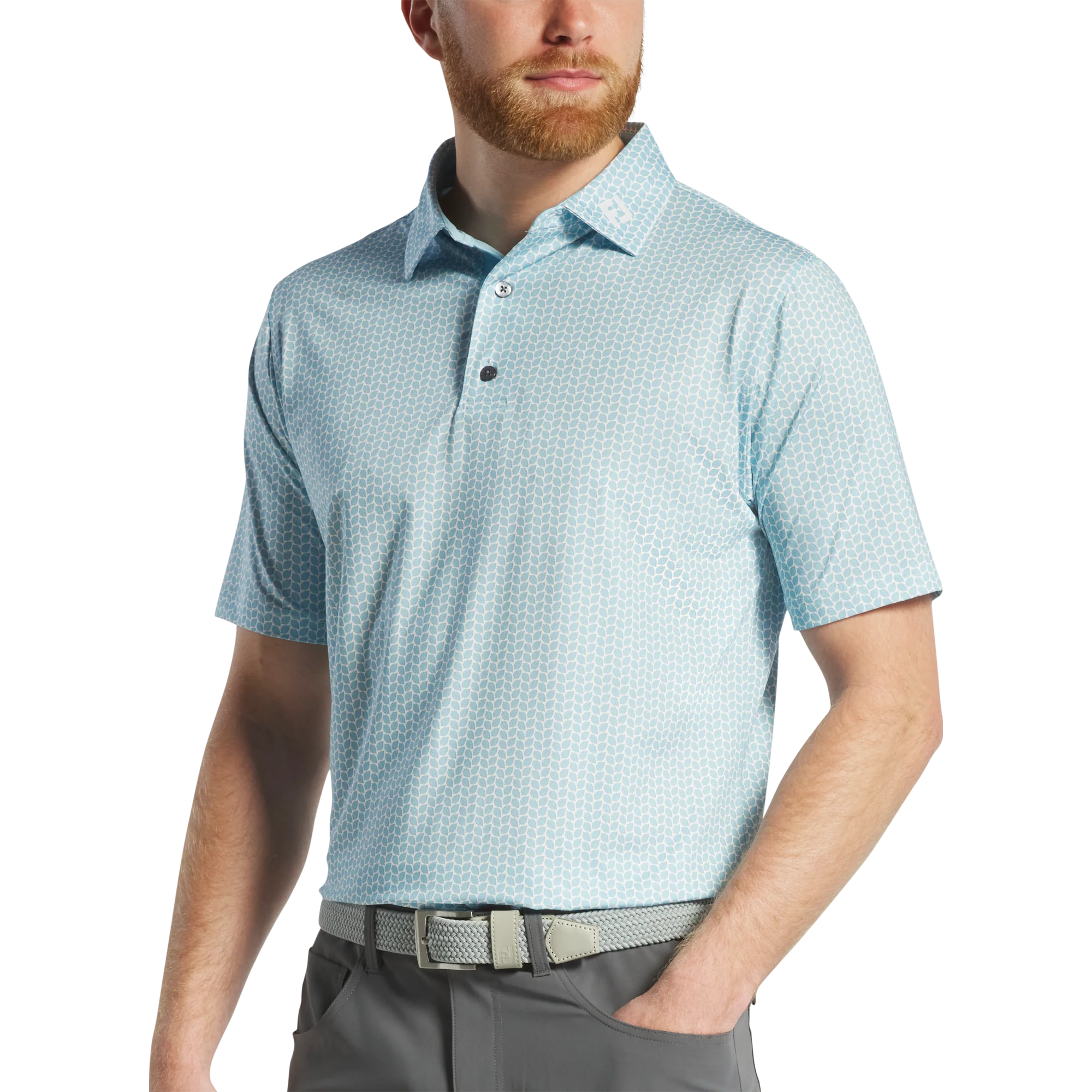 2025 FootJoy Leaf Print Lisle Self Collar Polo - Lake Blue/White