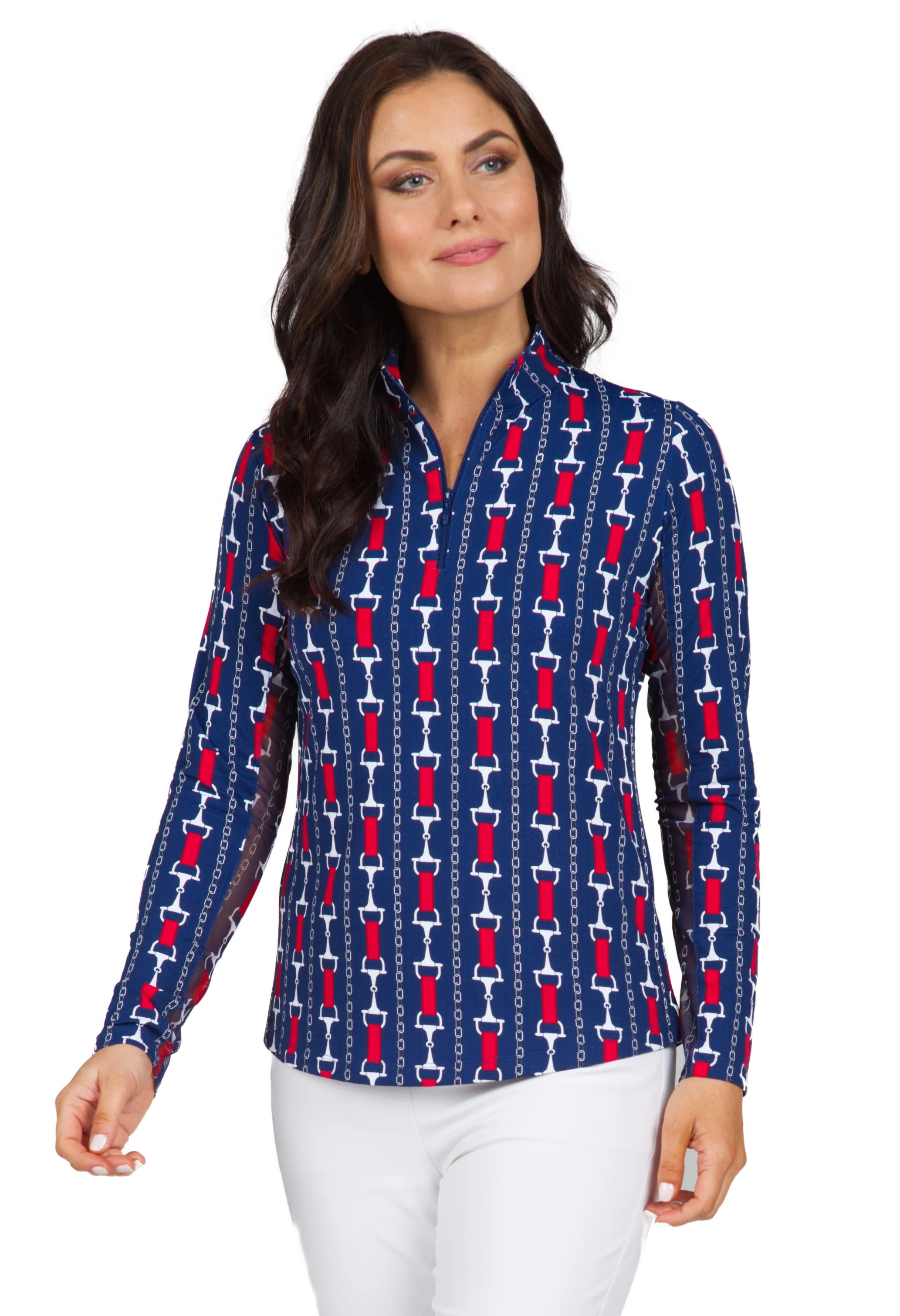 IBKUL Womens Vic Print Long Sleeve Mock Neck Top - Navy / Red
