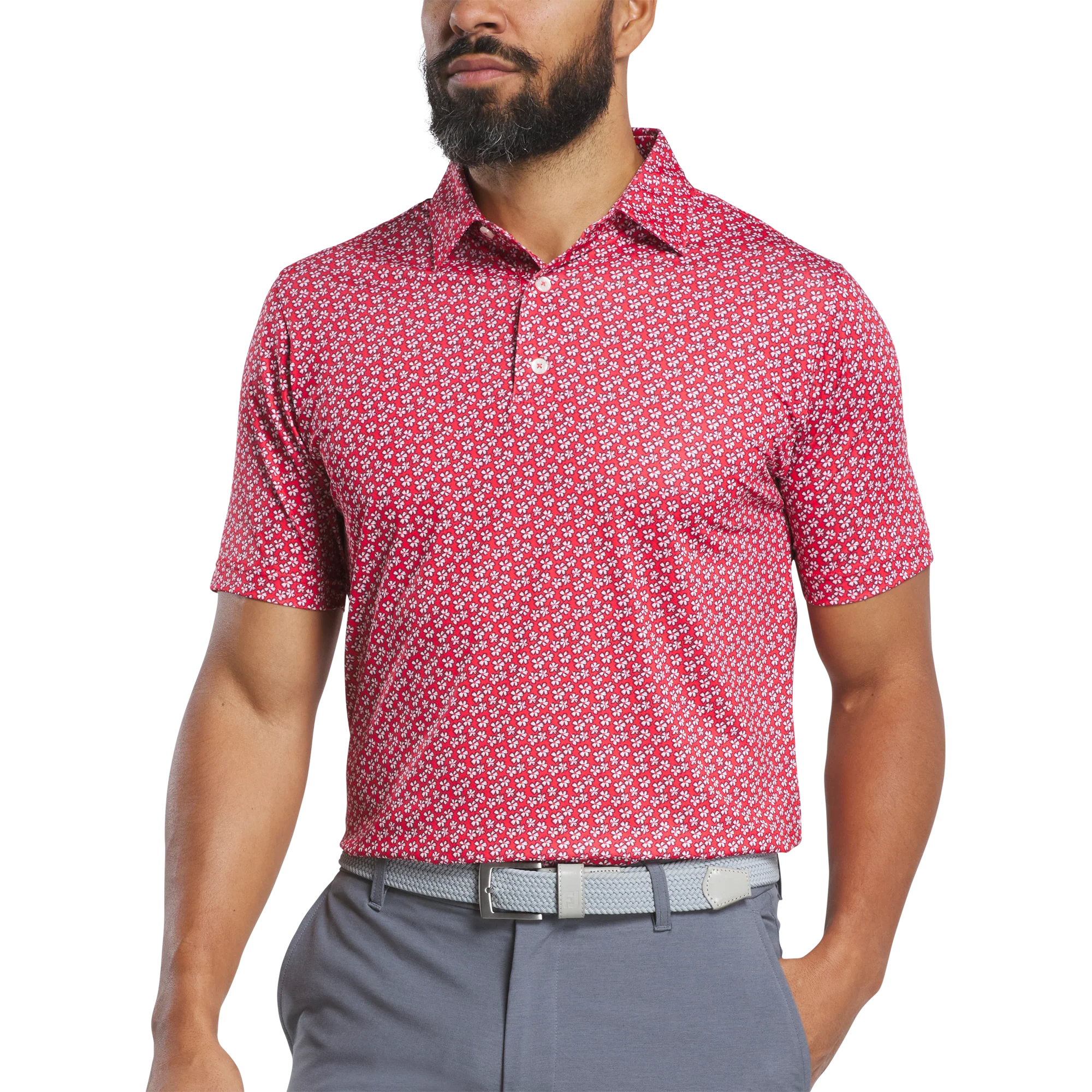 2025 FootJoy Men's Flower Stretch Lisle Polo - White/Hibiscus