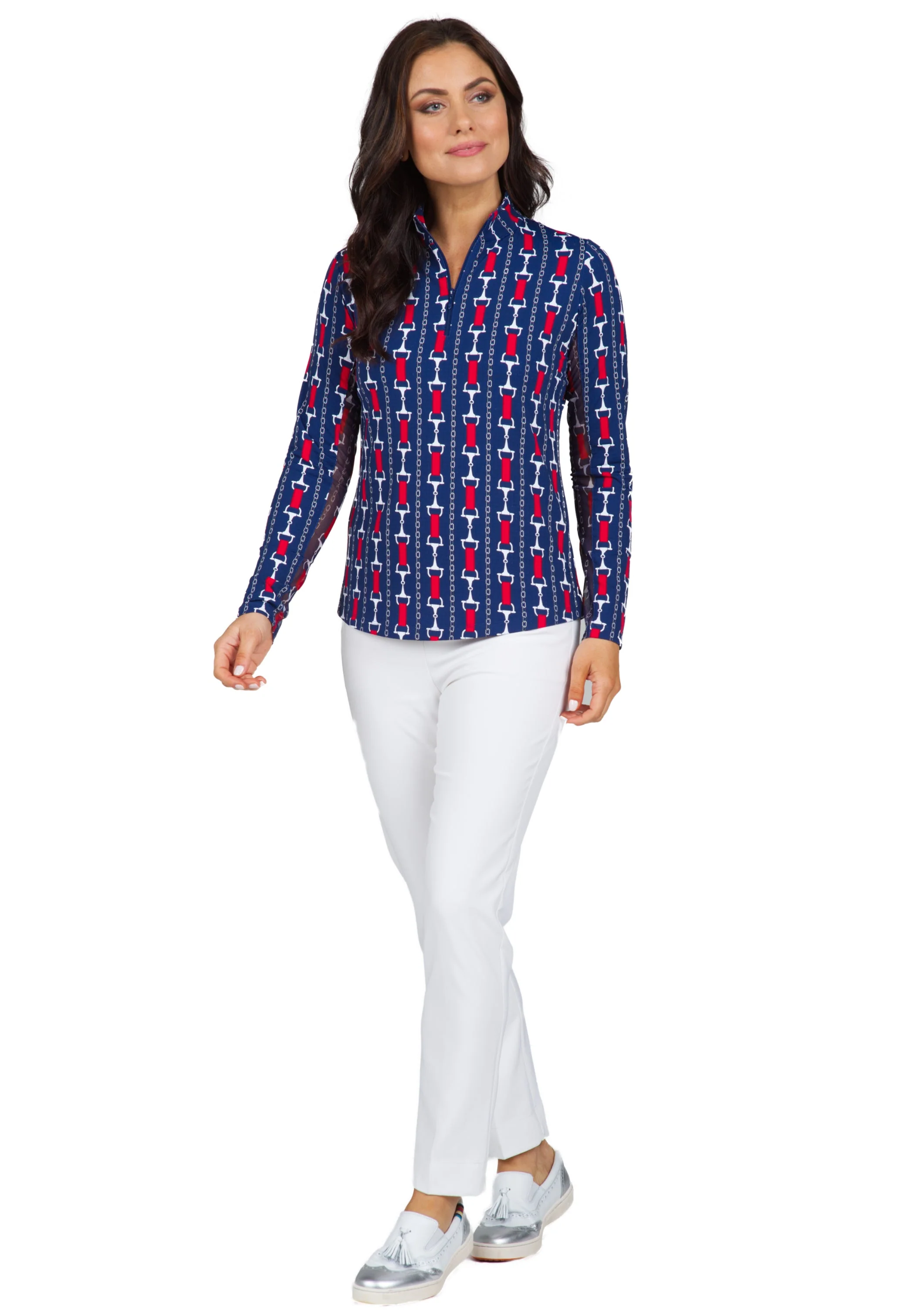 IBKUL Womens Vic Print Long Sleeve Mock Neck Top - Navy / Red