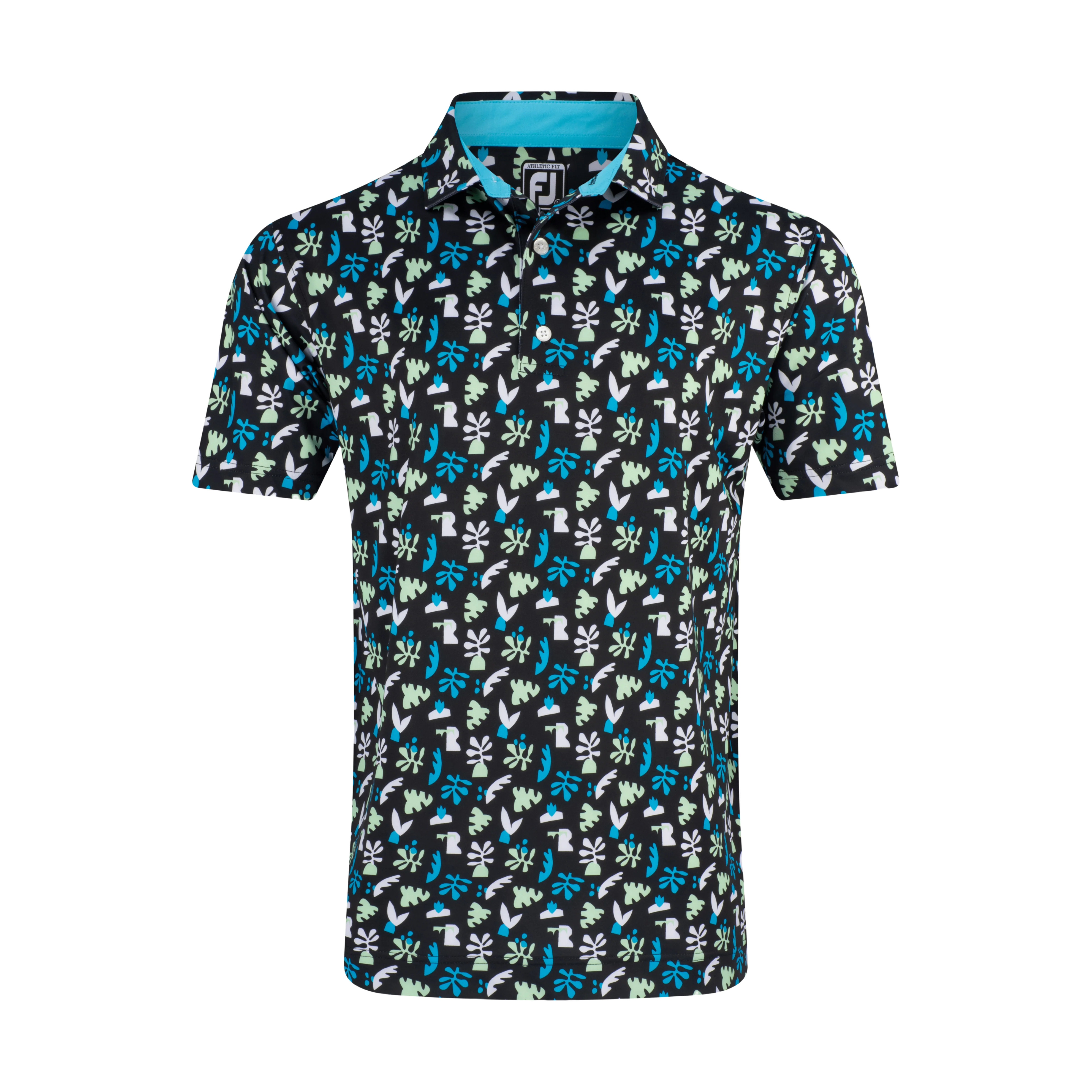 2024 FootJoy Men's Jungle Leaves Lisle Polo - Black / White / Pool / Palm Green