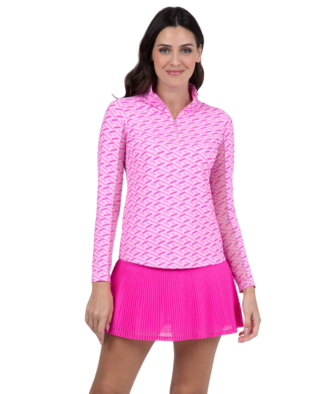 2025 IBKUL Women's Fatima Print Long Sleeve Mock Neck Top - Hot Pink/Candy