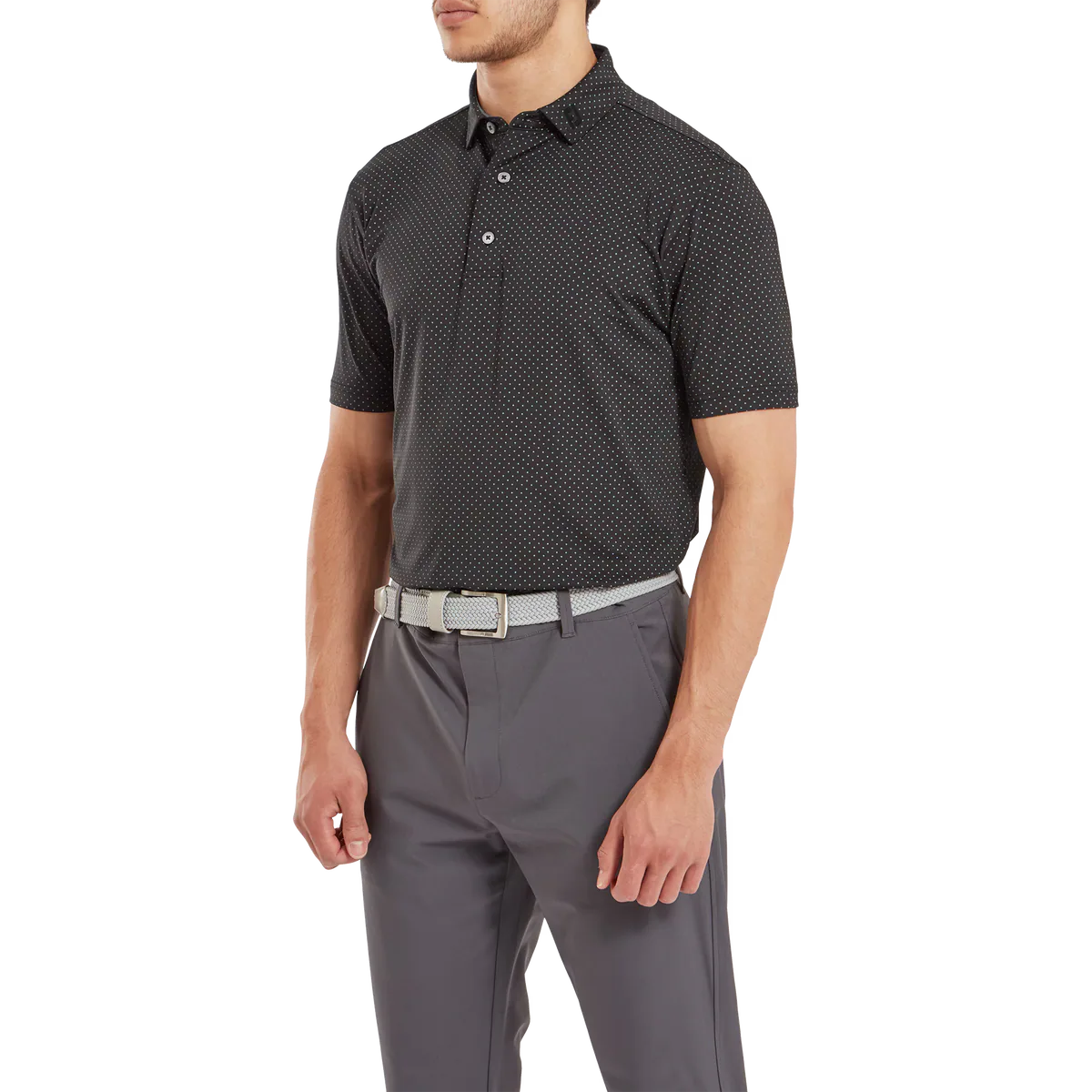 2024 FootJoy Men's Stretch Lisle Dot Print Polo - Black/Grey Cliff