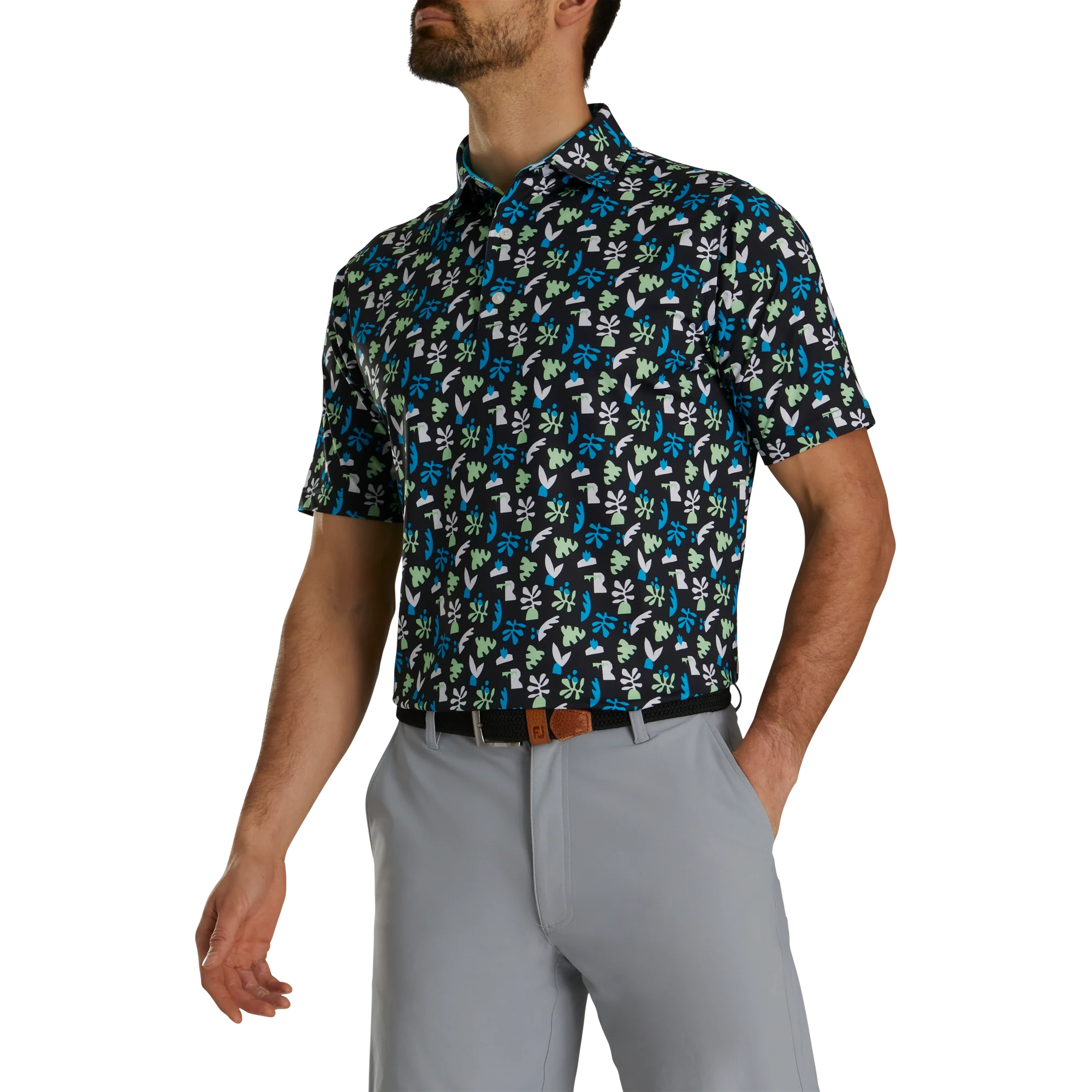 2024 FootJoy Men's Jungle Leaves Lisle Polo - Black / White / Pool / Palm Green