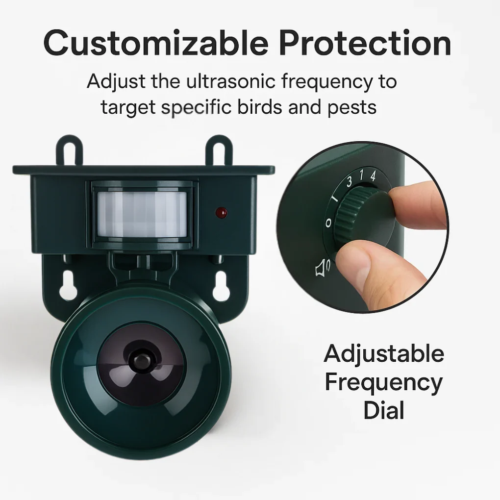 Disuasor de aves AviGuard activado por movimiento con ahuyentador de sonido