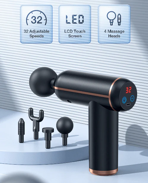MassageGun Pro – Pistola de masaje portátil con 4 accesorios para una regeneración muscular efectiva