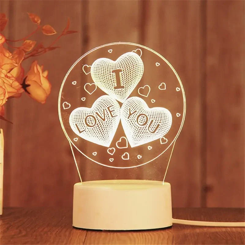 Lámpara de corazón acrílico LED AmoraGlow con base de madera maciza