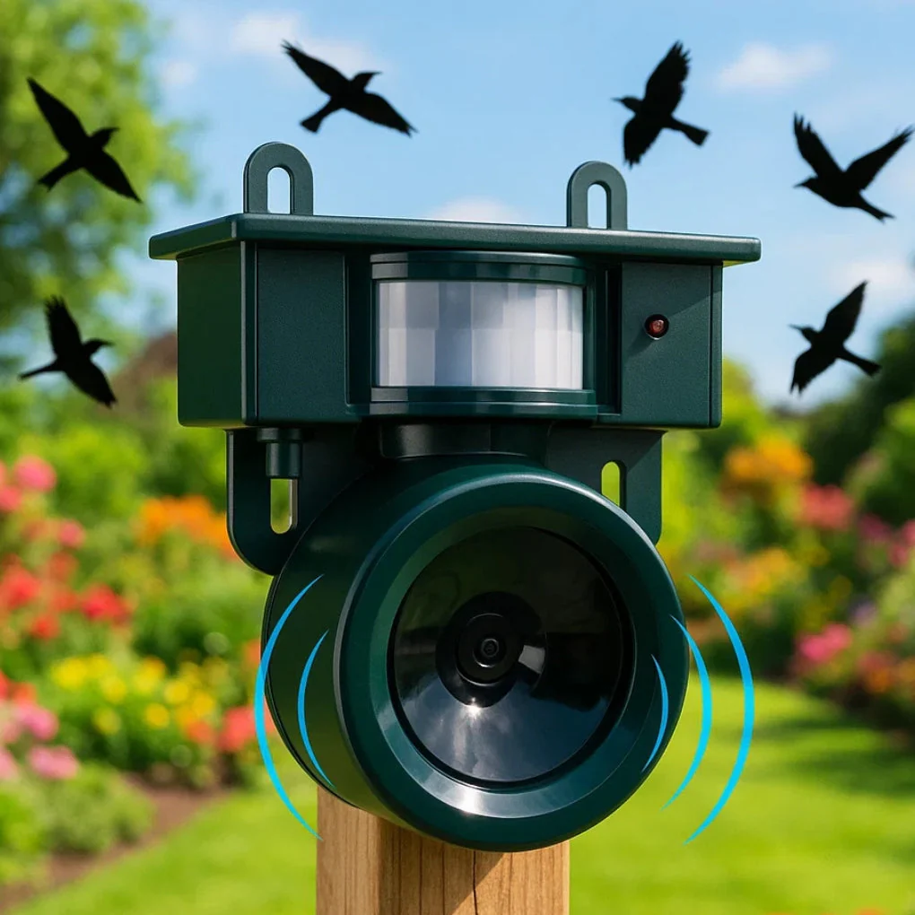 Disuasor de aves AviGuard activado por movimiento con ahuyentador de sonido