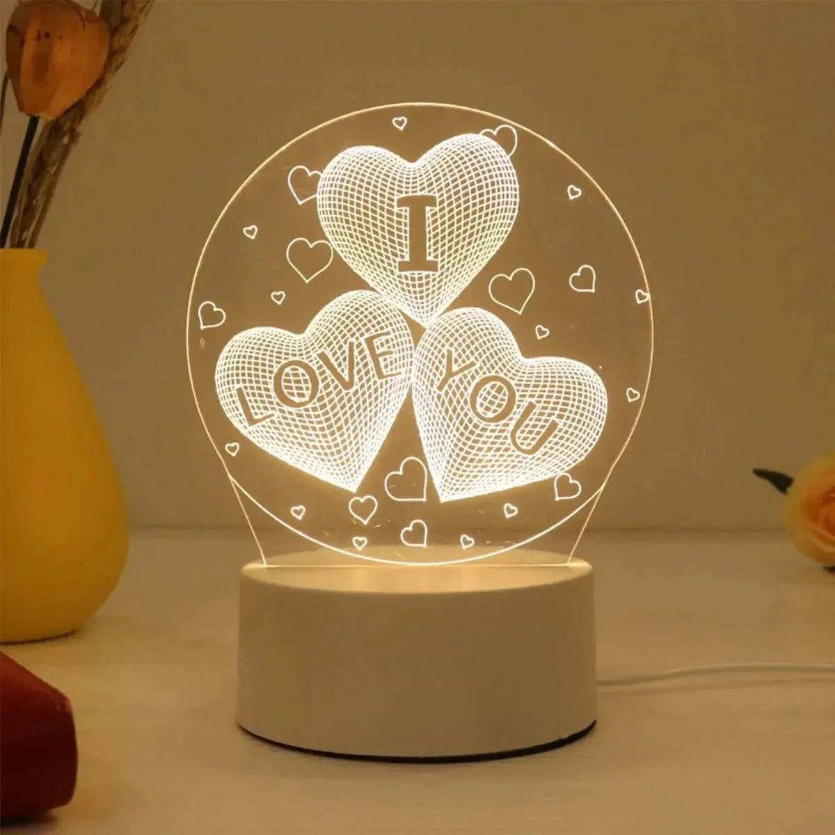 Lámpara de corazón acrílico LED AmoraGlow con base de madera maciza