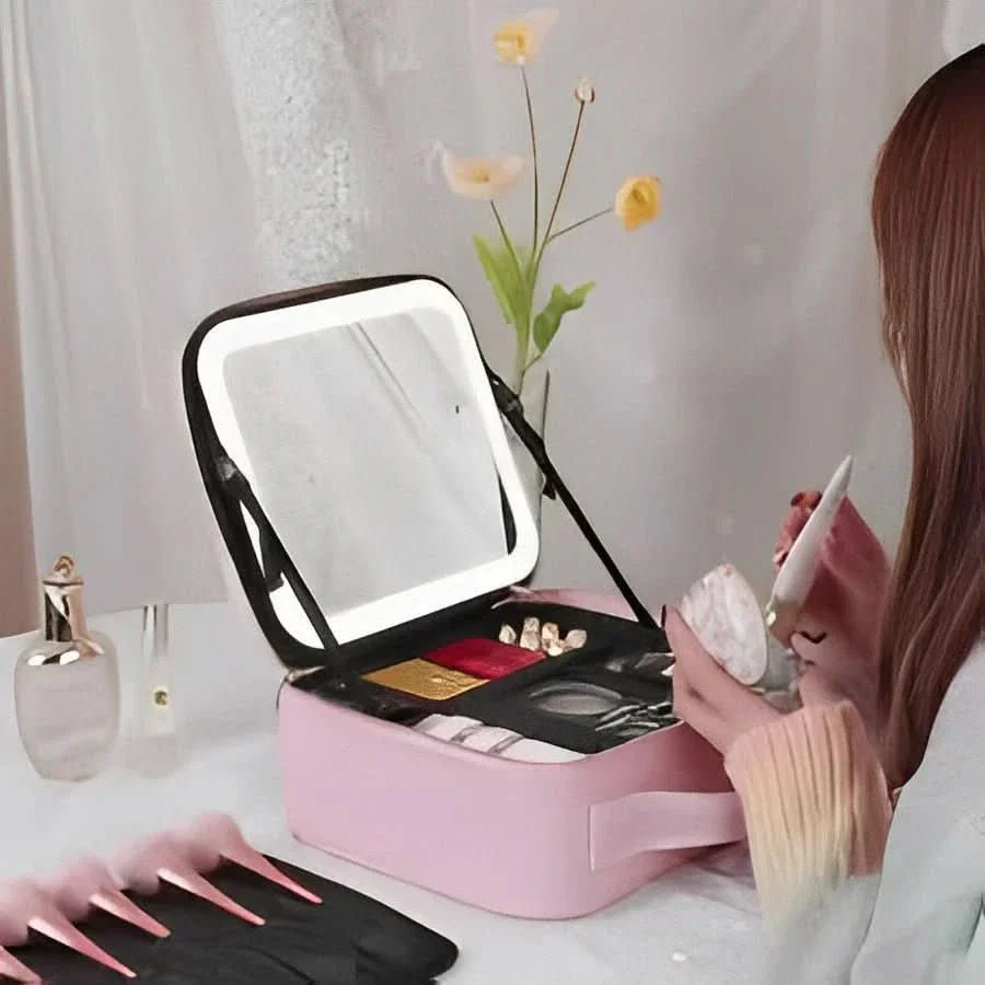 Mirrorglam – Bolsa de maquillaje con espejo LED – Bolsa de cosméticos portátil con luz y espacio para un estilo perfecto en cualquier lugar