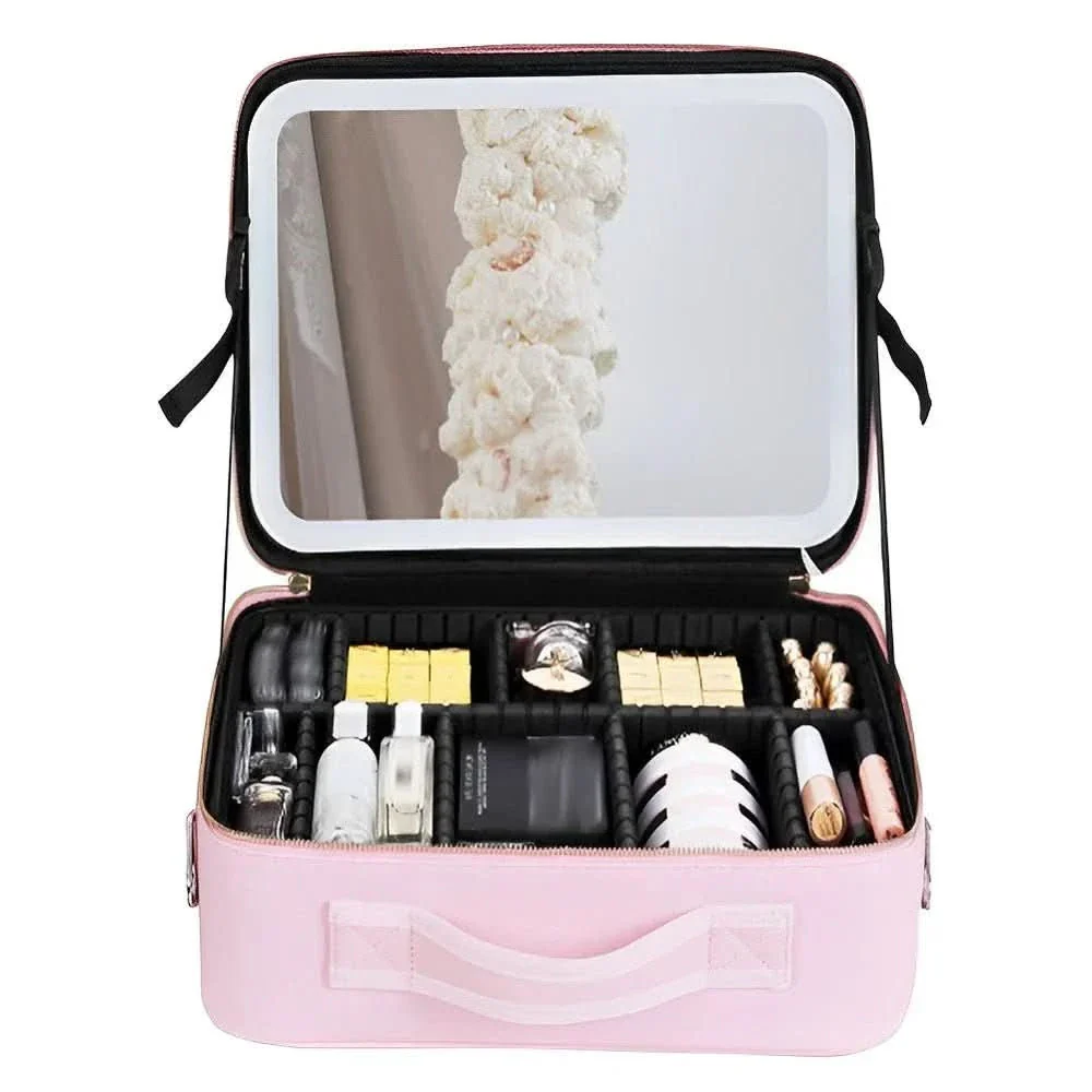 Mirrorglam – Bolsa de maquillaje con espejo LED – Bolsa de cosméticos portátil con luz y espacio para un estilo perfecto en cualquier lugar