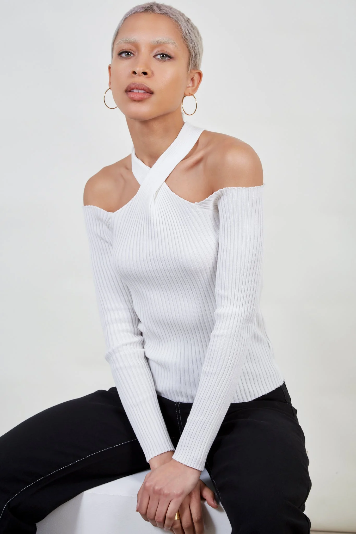 White ribbed halter neck knit top
