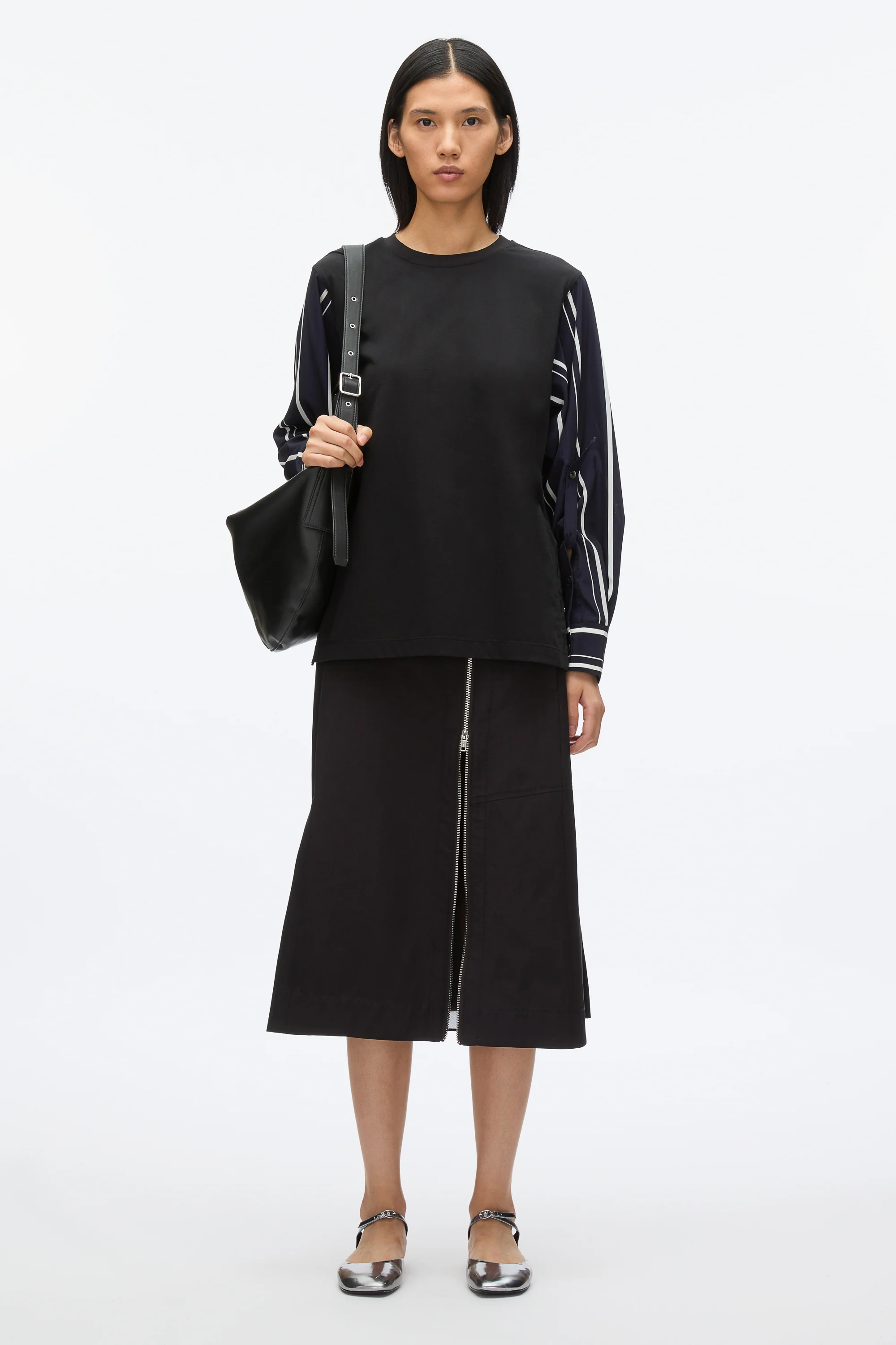 Long Sleeve Tee with Stripe Shirting Sleeves