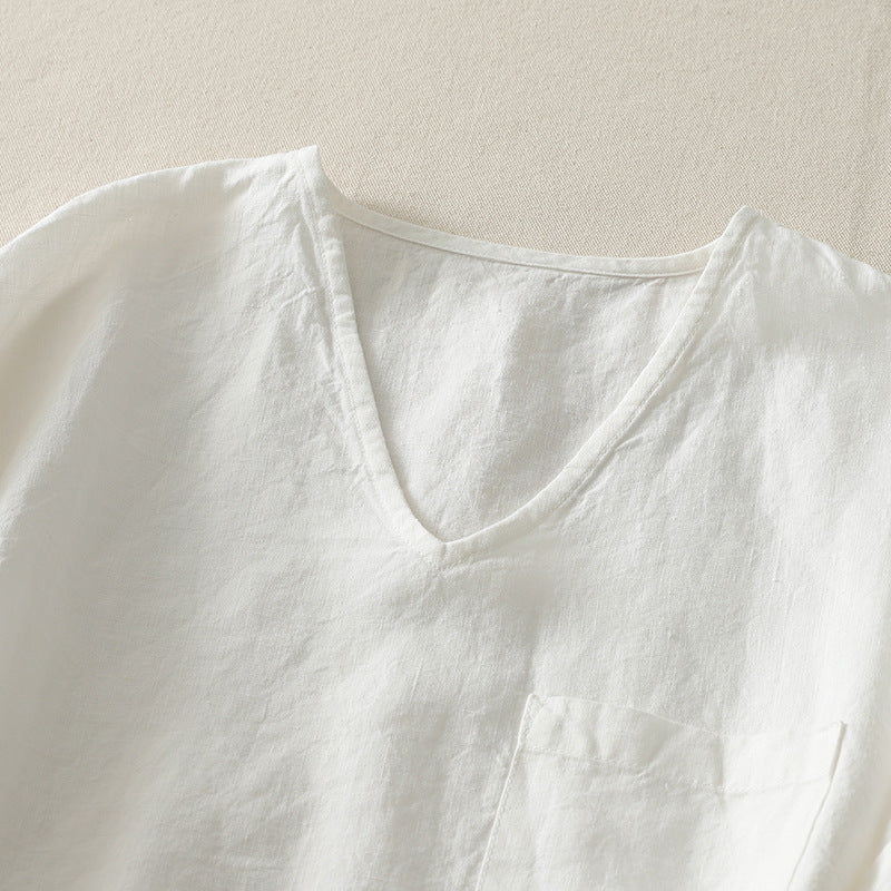 WHITE LINEN V-NECK SHIRT