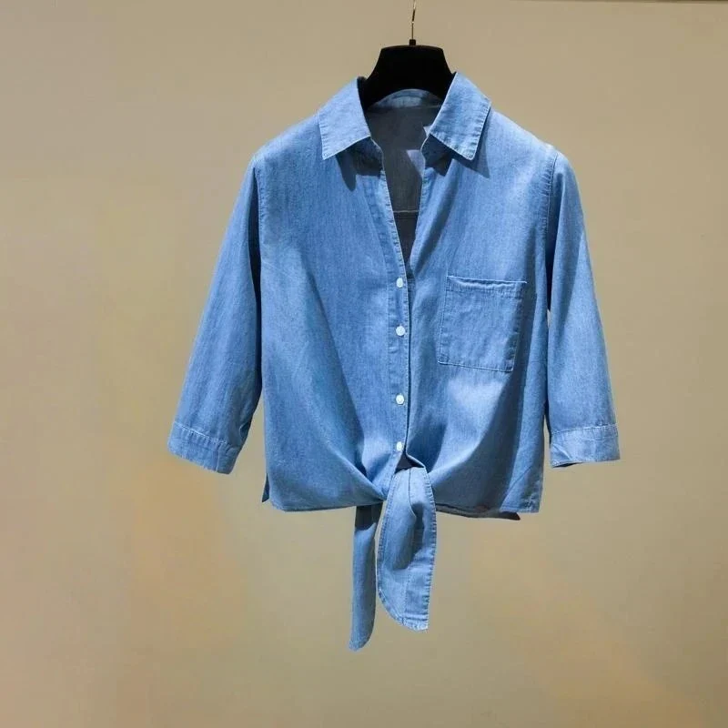 LIGHT BLUE DENIM KNOTTED SHIRT