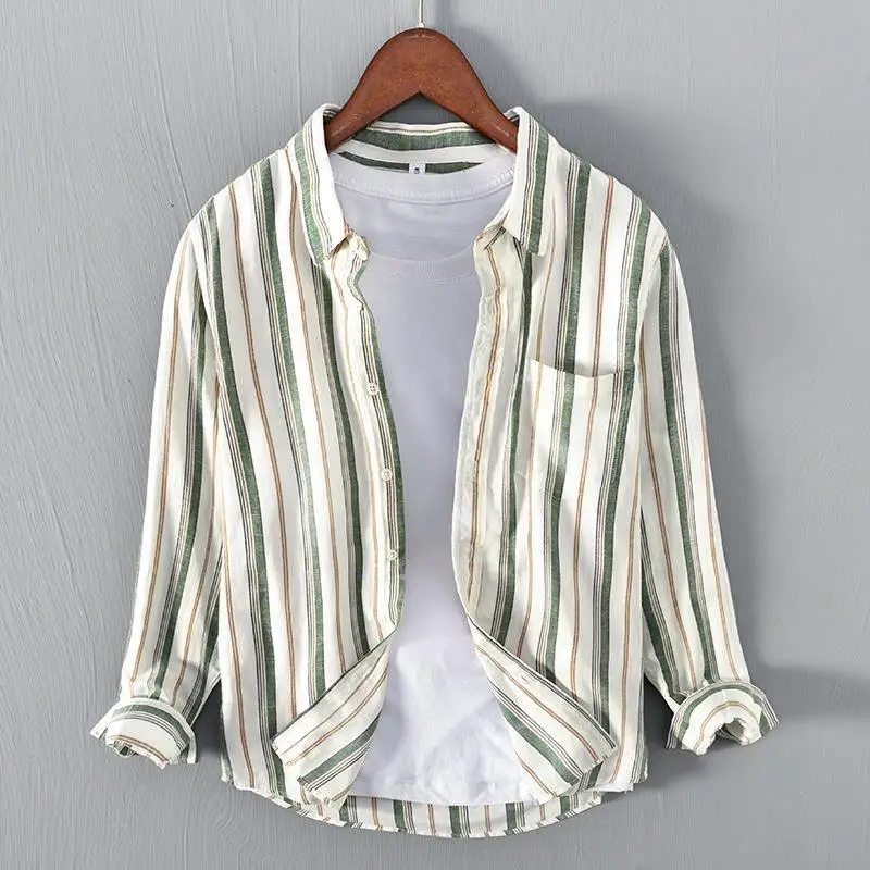 GREEN & WHITE STRIPED LINEN SHIRT