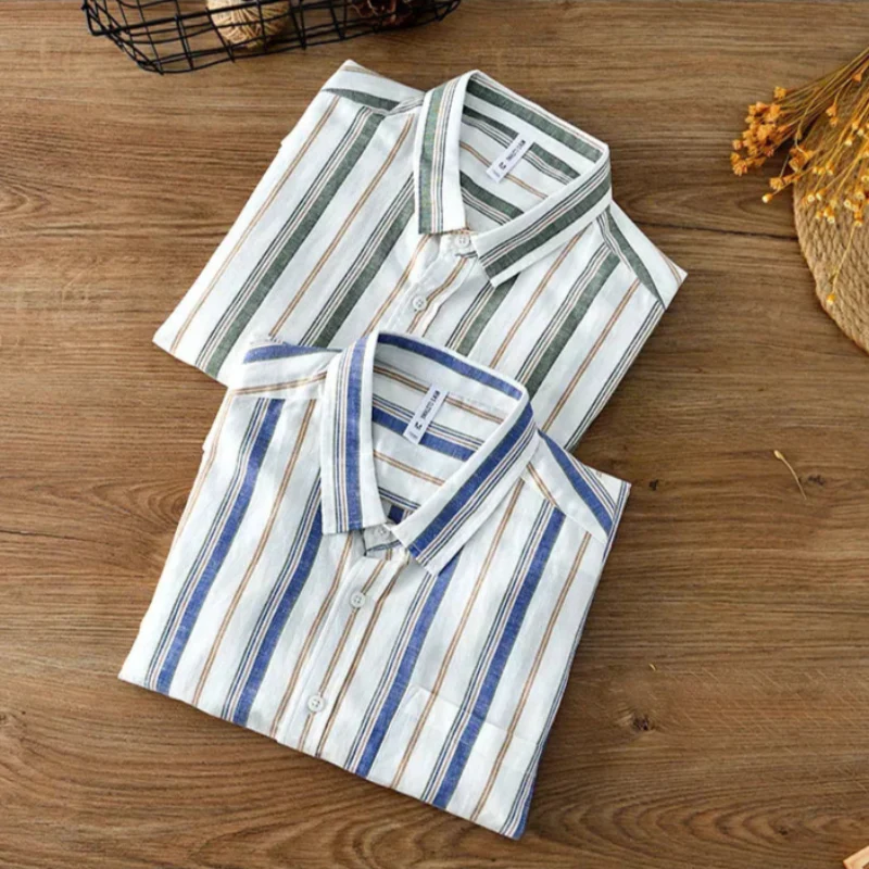 GREEN & WHITE STRIPED LINEN SHIRT