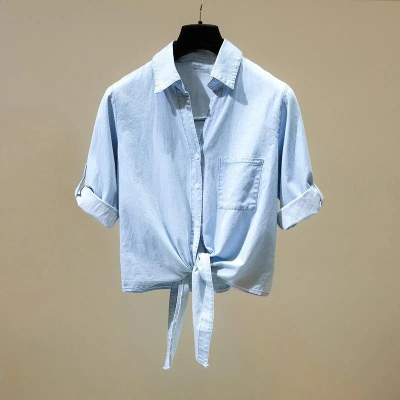 LIGHT BLUE DENIM KNOTTED SHIRT
