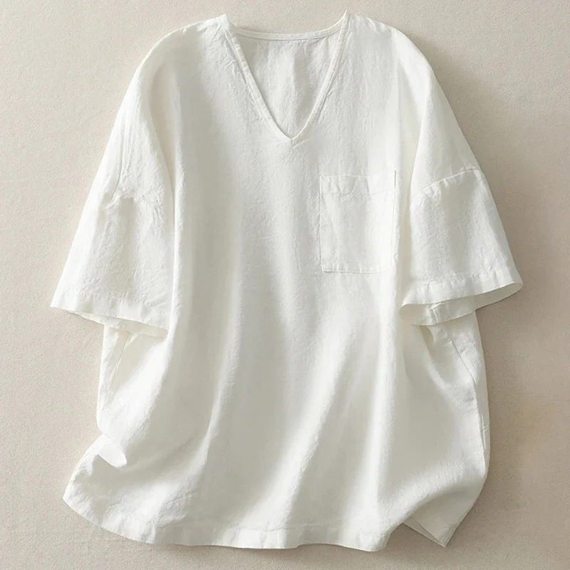 WHITE LINEN V-NECK SHIRT