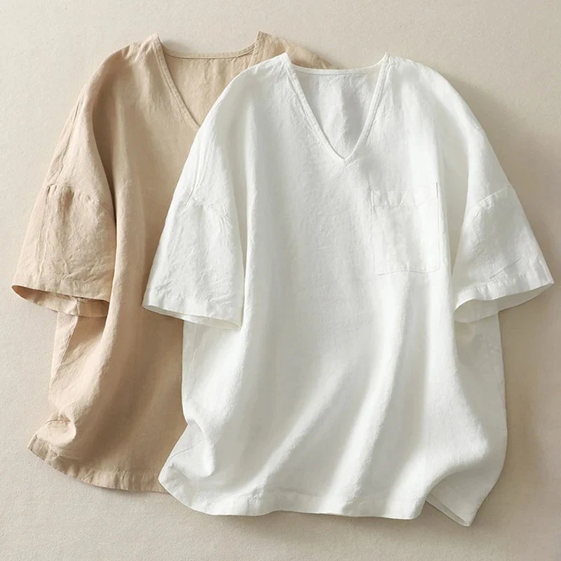 WHITE LINEN V-NECK SHIRT