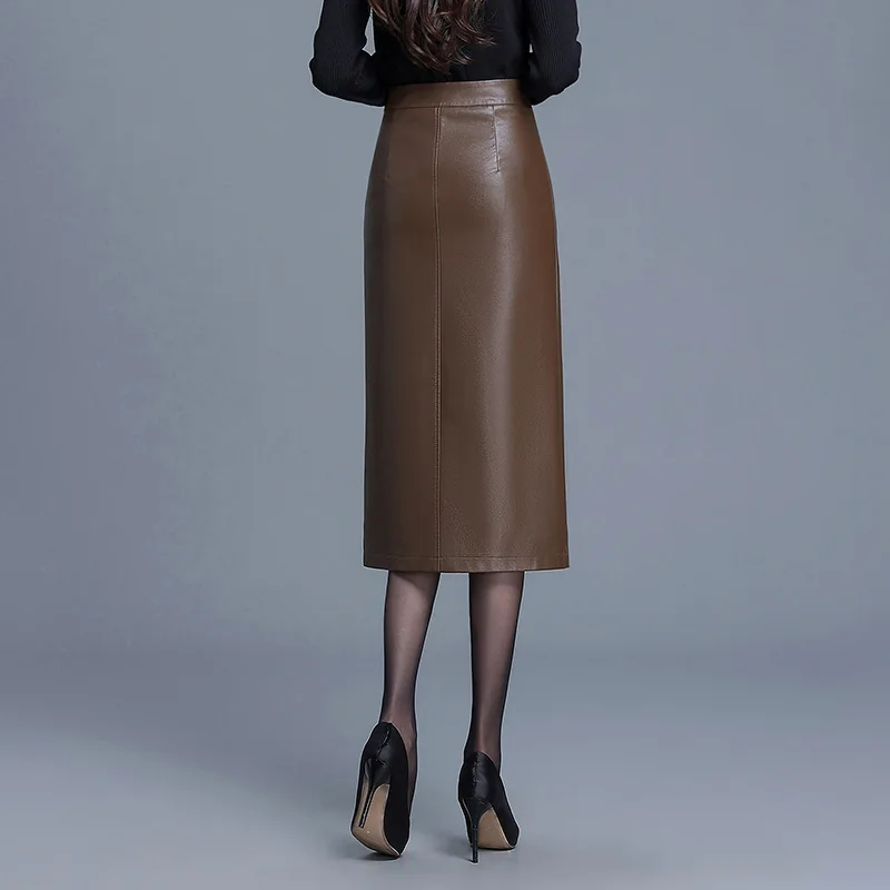 BROWN SLIT LEATHER SKIRT