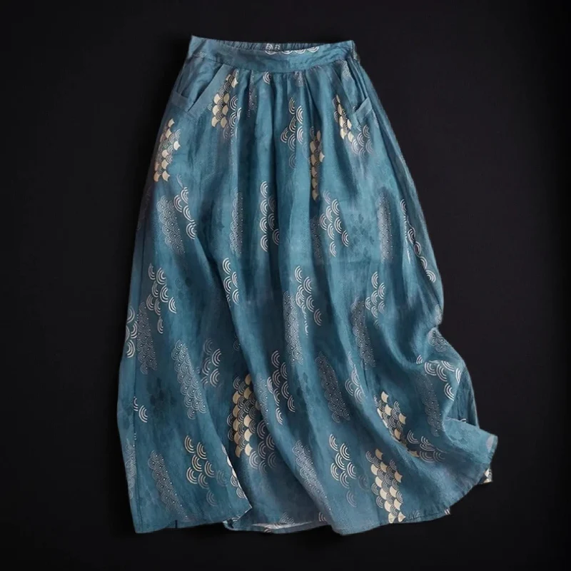 BLUE ART PRINT LINEN SKIRT