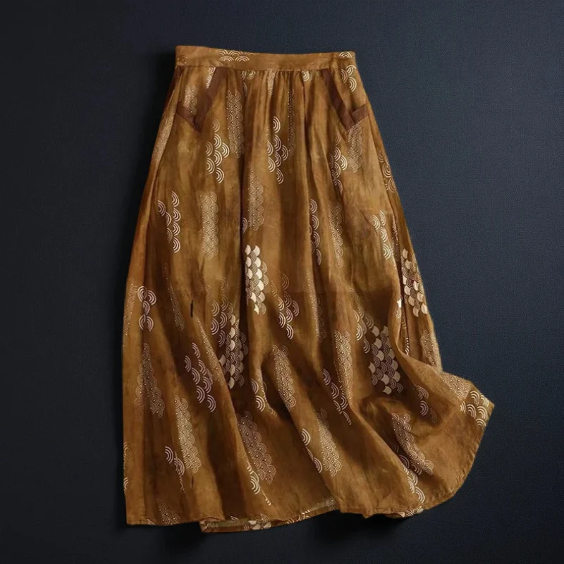 BLUE ART PRINT LINEN SKIRT