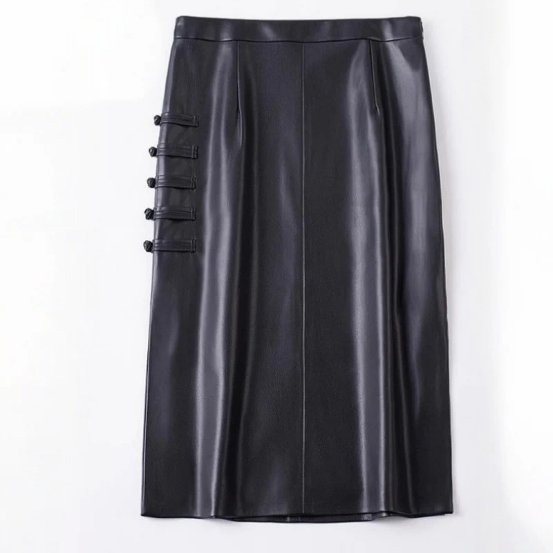 BLACK SIDE-LACED LEATHER SKIRT