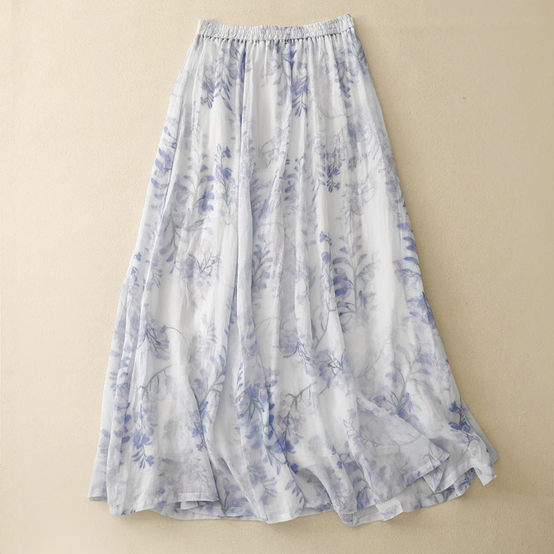 BLUE & WHITE PRINTED LINEN SKIRT