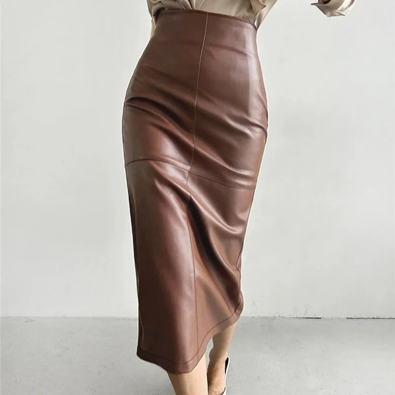 BROWN BIAS-CUT LEATHER SKIRT