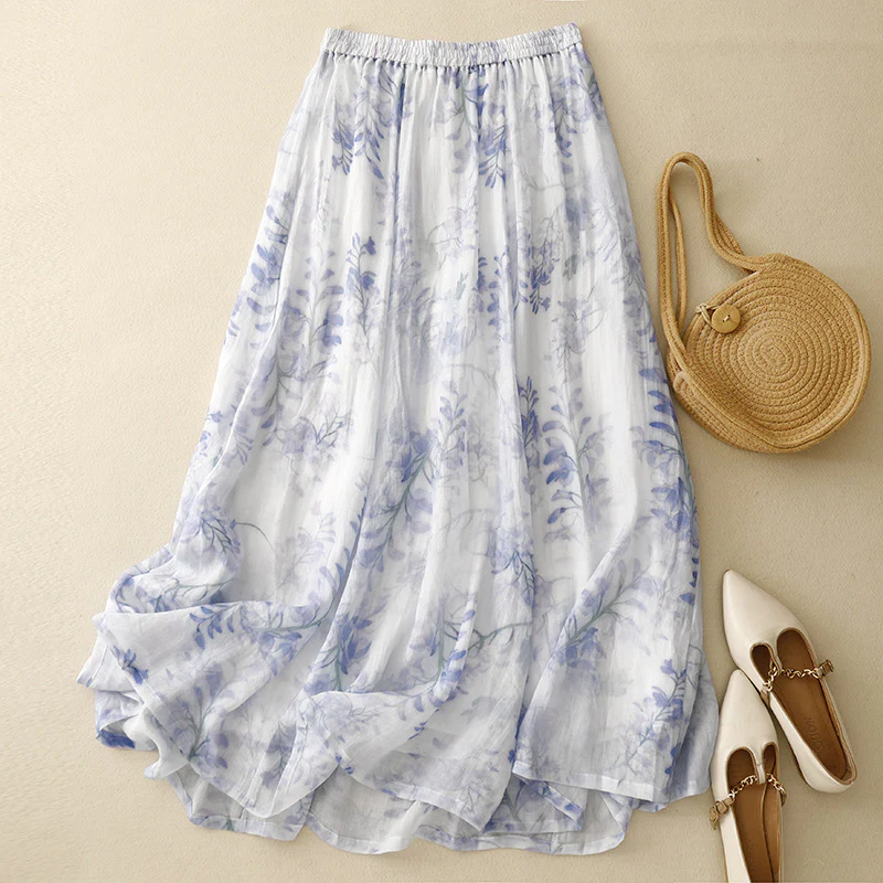 BLUE & WHITE PRINTED LINEN SKIRT