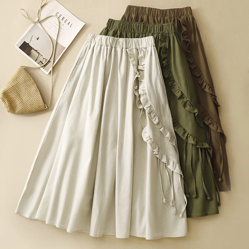 CREAM SIDE-LACED LINEN SKIRT