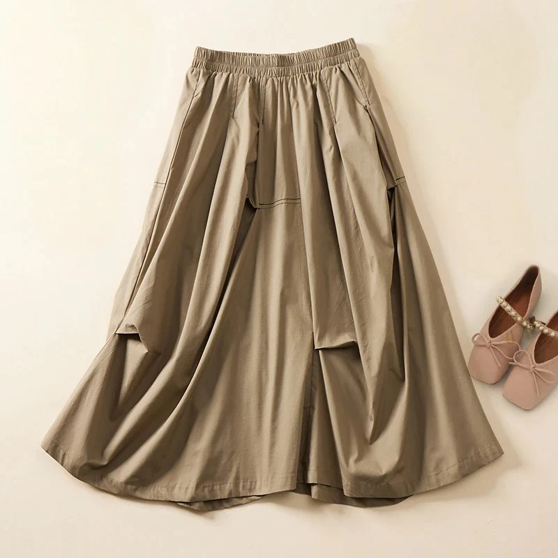 KHAKI PLEATED LINEN SKIRT