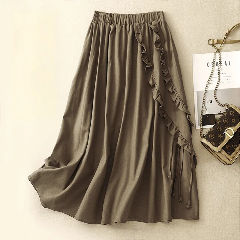 CREAM SIDE-LACED LINEN SKIRT